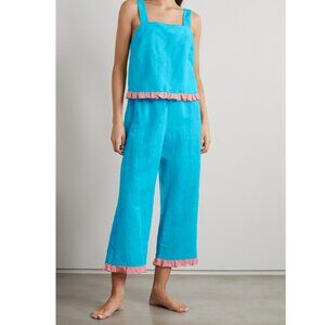Dora Larsen Pajama Set Rosie Ruffled Linen & Cotton Blue Pink Pants Tank Top 10